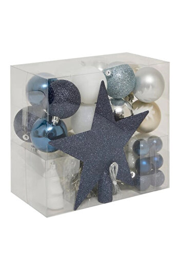 FEERIC LIGHTS & CHRISTMAS Christmas decoration set, 44 pieces, with baubles, garland and fir top, blue and white