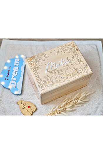 Miraboo Natural wooden gift box with lid, Enchanted Forest, 40x30x23 cm – baptism gift, baby