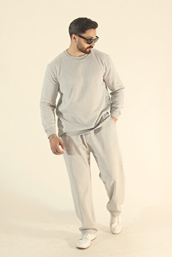 EydaMoon Men's Winter Fleece-Lined Tracksuit Set Sweatshirt Baggy - Gray Regular Crew Neck