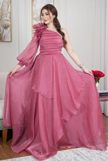 MARSTA Turkish One-Shoulder Floral Organza Silk Dress - Double Flared