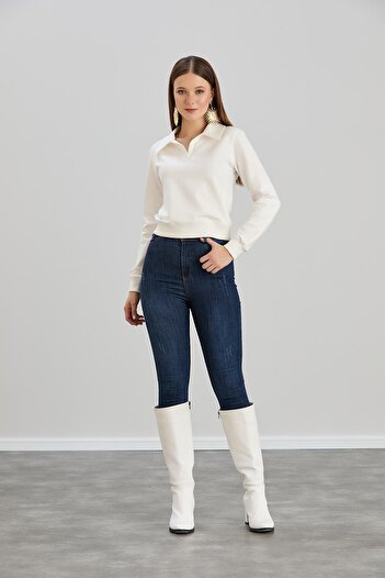 Sortie Women's Shirt Collar Sleeve Skirt Ribbed Knit Two Thread Basic Ecru Crop Sweatshirt
