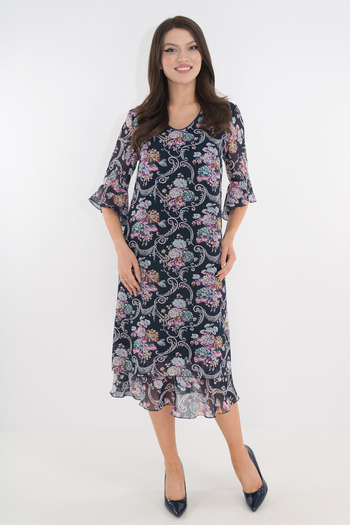 Vanessa Line RO Navy blue voile flared dress with floral print maxi