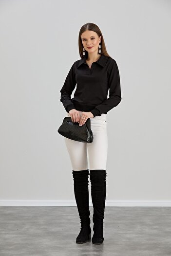 Sortie Women's Shirt Collar Two Thread Basic Black Crop Sweatshirt
