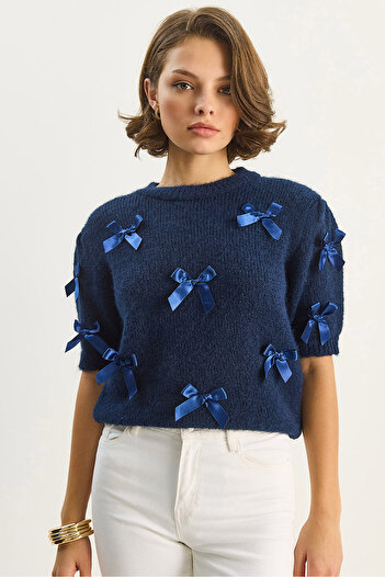 Bianco Lucci Women's Crew Neck Bow Detail Short Sleeve Knitwear Sweater 2494 60283676