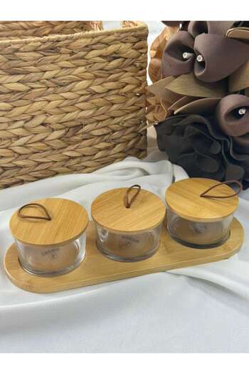 MD MİMOZA DEKOR 3-Piece Bamboo Glass Bowl Set and Multi-Purpose Organizer