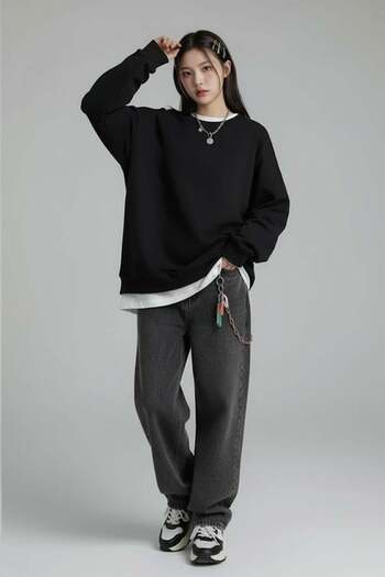 Karakedi Oversized Plain Black Medium Thick Fabric Oversized Unisex Long Sleeve
