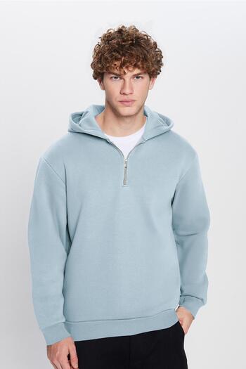 Tudors Unisex Relax Fit Comfortable Cut Cotton Fleece Inside Half Zipper Blue K Hooded Sweatshirt