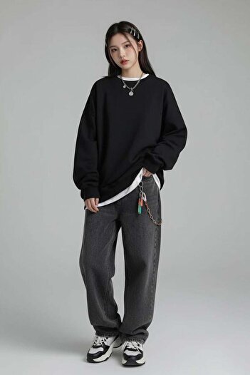 Karakedi Oversized Plain Black Medium Thick Fabric Oversized Unisex Long Sleeve