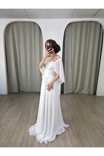 berissima bride Delina Bohem Kloş Etek Pelerin Kol Şifon Nikah Elbisesi