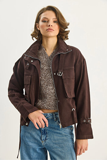 Bianco Lucci Kadın Büyük Cep Detaylı Fermuarlı Gabardin Denim Ceket 4074 60283666