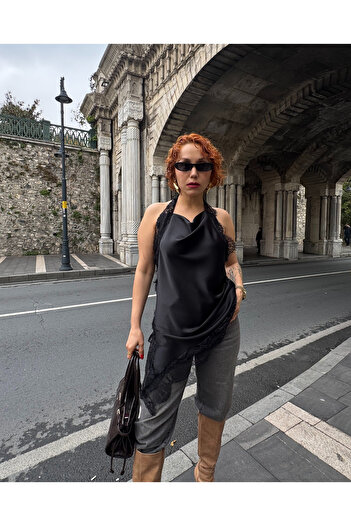 Bak'ap Premium Trend Lace Satin Asymmetrical Blouse