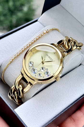 Homies Women's Wristwatch Chain Steel Cord Drop Stone Dial Gift Box Bracelet Gift Included.Hm92938291