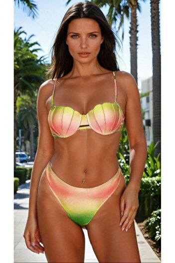embody 2-piece swimsuit, thong bottom, push-up bra shell shape y9118 green