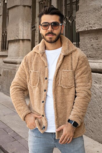BİRBEYSTORE Plush Cardigan Unisex Model with Pockets Comfortable Fit Mock Neck