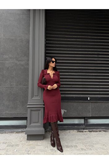 LE CARAMBOLE Kadın Bordo Yaka Detaylı Fırfırlı Triko Elbise