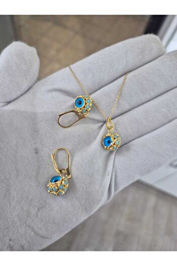 Papatya Silver 925 Ayar firuze taşlı nazar göz takım.rose.gold.rodaj