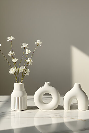 ZURİ DESİGN Modern Bohemian Style Concrete Vase Set of 3 – Decorative Minimal Set
