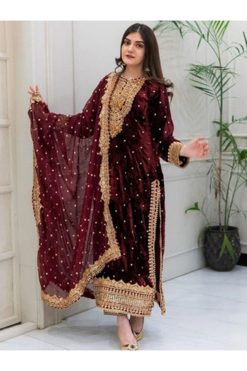 MYSMAR Maroon Velvet Kameez Salwar & Dupatta - PMM17824 | Maroon