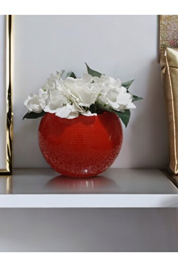 IŞILTI HOME DESIGN Glass Vase with Mirror Round Medium Size Red