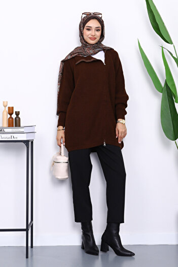 İmajButik Brown Thessaloniki Braided Zippered Knitwear Cardigan
