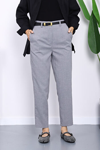 İmajButik Gray Belted Front-Tie Carrot Pants in Carrot Fabric