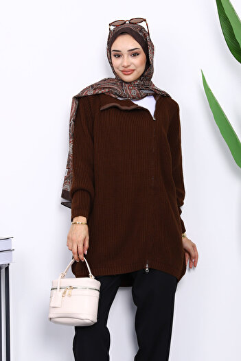 İmajButik Brown Thessaloniki Braided Zippered Knitwear Cardigan