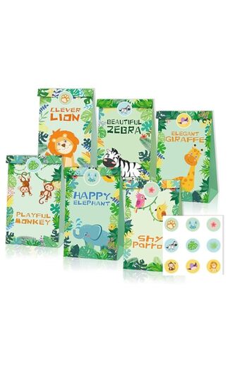 Generic COSFAN 12Pcs Animal Party Bags Kraft Paper Bags Sweet Candy Gift Paper Bags with Stickers Jungle Th