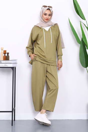 İmajButik Khaki Hooded Tunic Pants Set