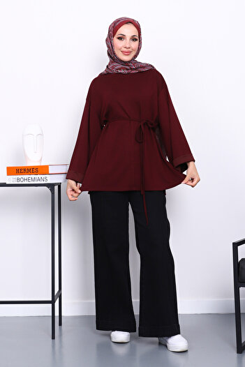 İmajButik Plum Tunic with Slits on the Sides and Drawstring Waist