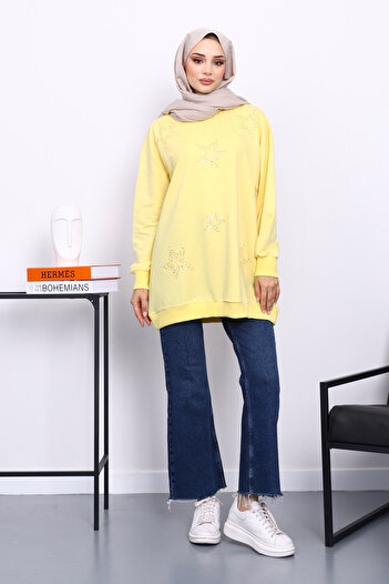 İmajButik Yellow Crew Neck Stone Modal Sweatshirt