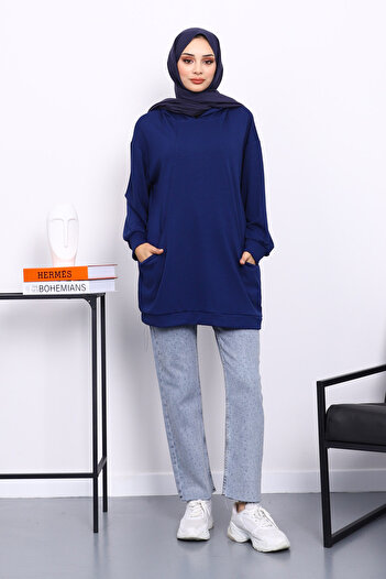 İmajButik Navy Blue Hooded Double Pocket Sweatshirt