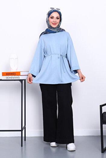 İmajButik Baby Blue Side Slit Waist Drawstring Tunic