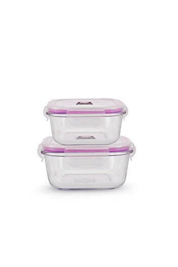 Generic FEELINGS Glass Food Storage Containers Square, 400ml and 600ml with Silicone Strip, Leak-Proof,Pink