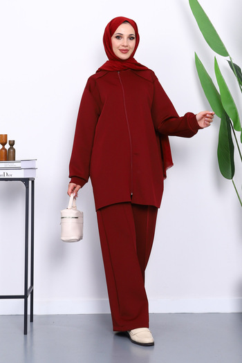 İmajButik Burgundy Zippered Tunic Pants Suit