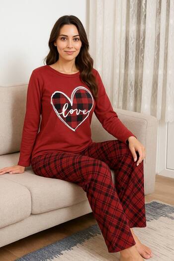 İNSPİRA Plaid Patterned Long Sleeve Women's Pajama Set 2 Thread Winter Cotton Fabric