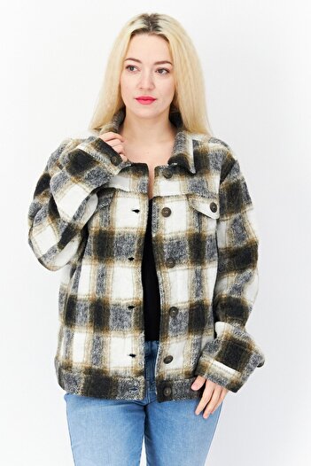 PROMOD Women Spread Collar Long Sleeve Knitted Jacket Shirt, White Combo