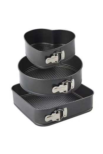 Axroad Mall Set of 3 Baking Pans (Heart/Round/Square), 22/24/26 cm, Carbon Steel, Non-stick, Black