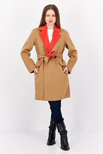 Tommy Hilfiger Women Textured Belted Trench Coat, Tan/Coral