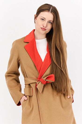Tommy Hilfiger Women Textured Belted Trench Coat, Tan/Coral