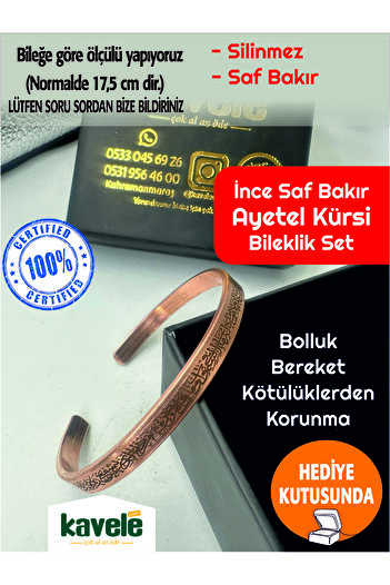 KAVELE Ham Saf Bakır Manyetik AYETEL KÜRSİ Koruma İnce Tekli Bakır Bileklik-Hediyelik Kutuda
