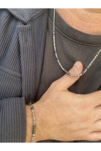 kurukafagift Stainless Steel Men's Necklace Chain Bracelet Set with Natural Stone Detail