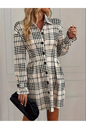 Giyimodam Women's Long Sleeve Collared Front Buttoned Mini Modal Dress