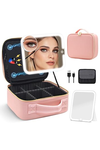 OEM WALALLA Portable Travel Makeup Bag with Lighted Detachable Magnetic Mirror, 2000 mAh, Pink