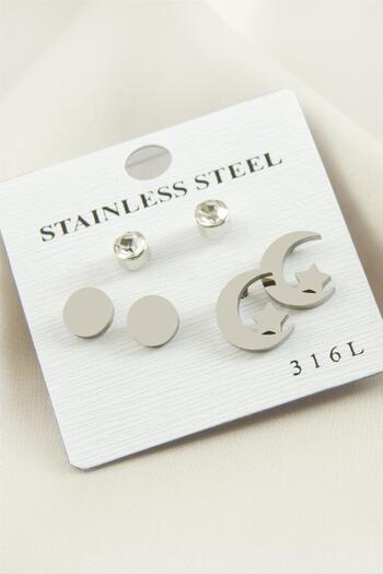 AKSESUARIM 6 Pieces Moon Star Stone Steel Earrings