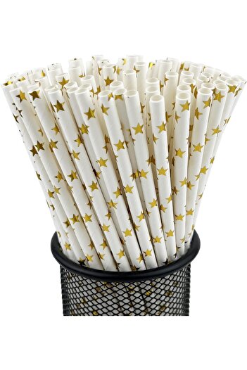 4basix 100 PCS Biodegradable Paper Straws - Stars (White with Golden Stars)