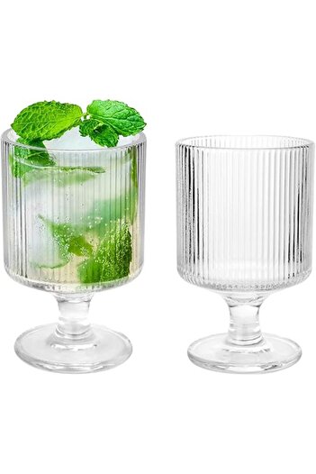 The Bros 2PCS Vintage Ribbed Glasses 6.8oz Origami Style Clear Short Stem Goblets for Tea Coffee Juice Party