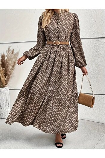 EyesOf Women's Long Sleeve High Neck Buttoned Beltless Patterned Maxi Single Jersey Dress