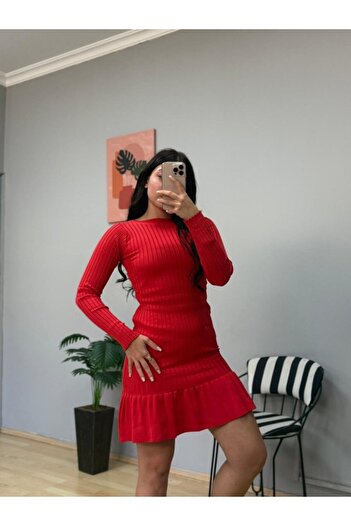 EyesOf Women's Crew Neck Long Sleeve Ruffled Hem Knitwear (polyenite) Mini Dress