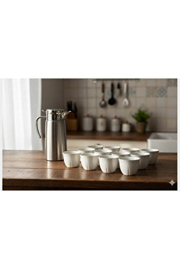 Urbanza Elegant White Coffee Cup Set with Silver Rim – 12-Piece Premium Arabic Style