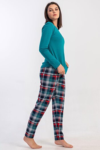 VİENETTA Women's Silver Pine Color Long Sleeve Crew Neck Plaid Bottom Interlock Pajama Set C4T2N2305